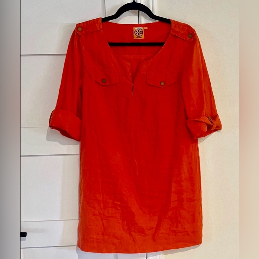 Tory Burch Orange V Neck Tunic Dress Rollup Sleeves Size 8 EUC